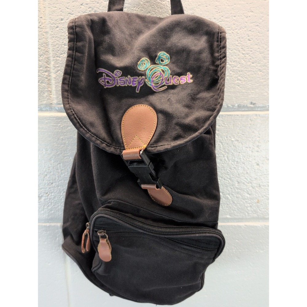 Disney Quest 1990's Canvas Slingback Backpack Black Disney Springs Rare